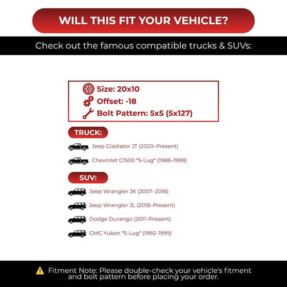 Fuel FC899 Chisel 20x10 5x127 4pcs | Fits Jeep Wrangler | Free TPMS Sensors or Lug Nuts
