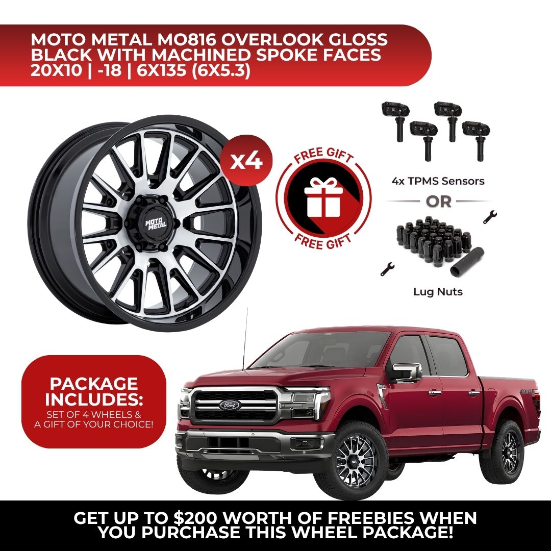 Moto Metal MO816 Overlook 20x10 6x135 4pcs | Fits Ford F-150 | Free TPMS Sensors or Lug Nuts