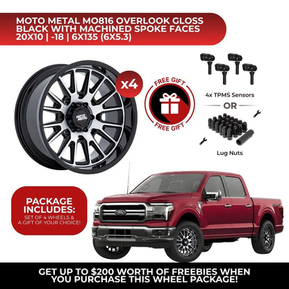 Moto Metal MO816 Overlook 20x10 6x135 4pcs | Fits Ford F-150 | Free TPMS Sensors or Lug Nuts