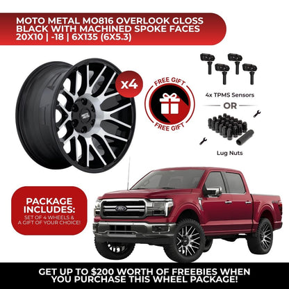 Moto Metal MO816 Overlook 20x10 6x135 GBM 4pcs | Fits Ford F-150 | Free TPMS Sensors or Lug Nuts