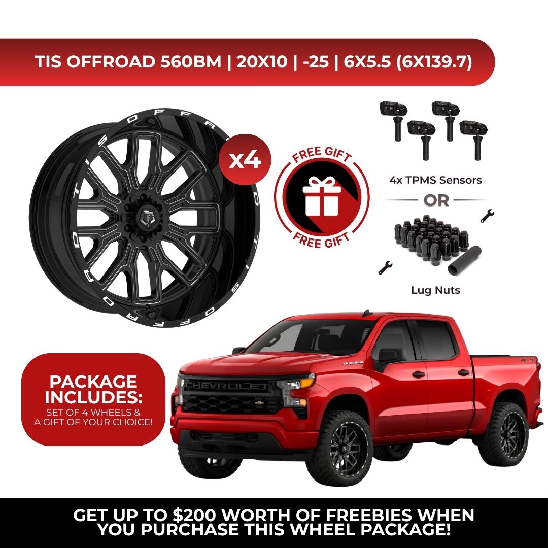 TIS 560BM 20x10 -25 6x139.7 4pcs | Fits Chevy Silverado 1500 | Free TPMS Sensors or Lug Nuts