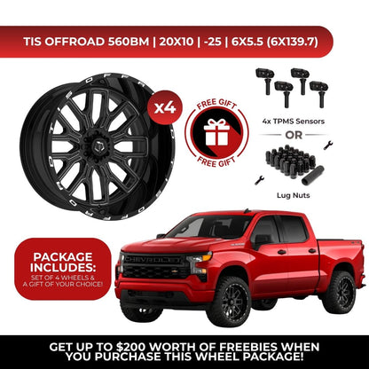 TIS 560BM 20x10 -25 6x139.7 4pcs | Fits Chevy Silverado 1500 | Free TPMS Sensors or Lug Nuts
