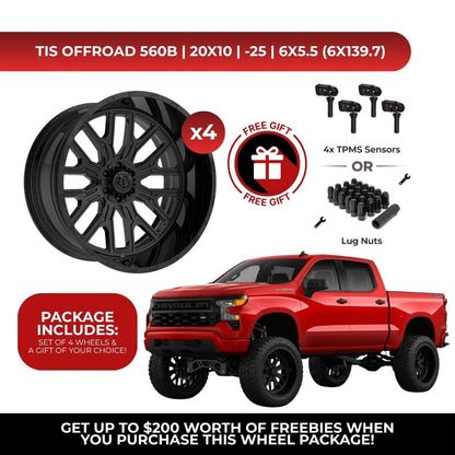TIS 560B 20x10 -25 6x139.7 4pcs | Fits Chevy Silverado 1500 | Free TPMS Sensors or Lug Nuts
