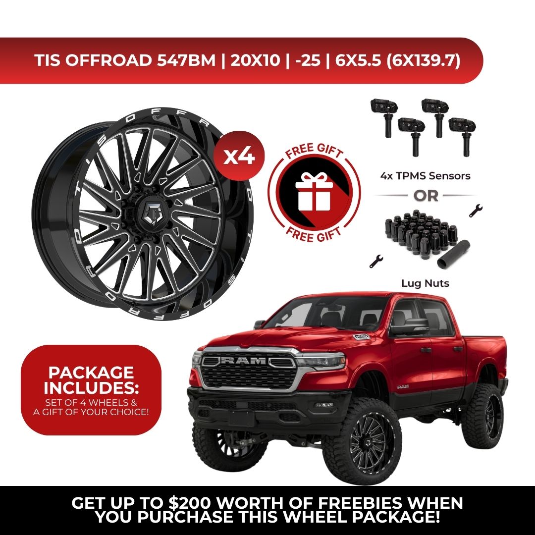 Promotional product graphic for a TIS Offroad 547BM wheel package, showing one large black multi-spoke wheel with silver accents, four smaller wheel views, free gift badges, 4x TPMS sensors, lug nuts, and a red RAM pickup truck on a white background with promotional text.