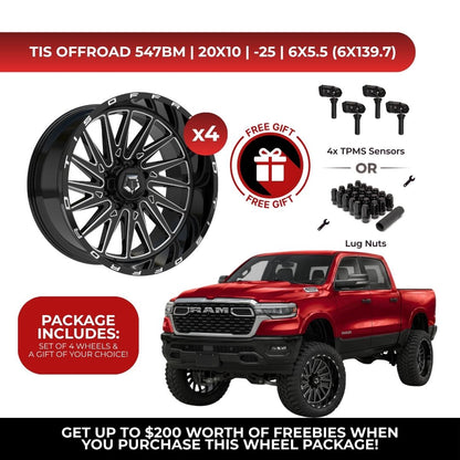 Promotional product graphic for a TIS Offroad 547BM wheel package, showing one large black multi-spoke wheel with silver accents, four smaller wheel views, free gift badges, 4x TPMS sensors, lug nuts, and a red RAM pickup truck on a white background with promotional text.