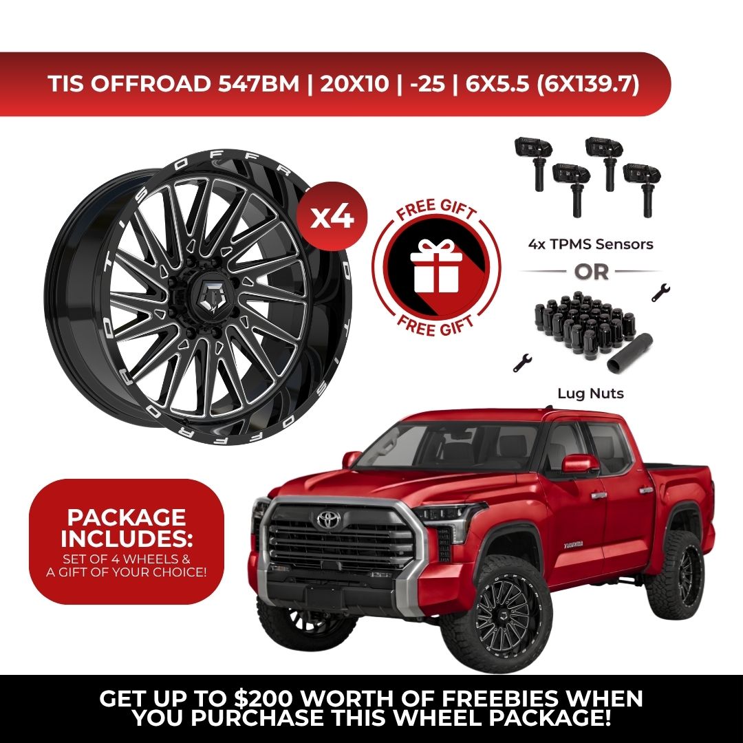A promotional product graphic for a TIS Offroad 547BM wheel package, showing one large black multi-spoke wheel with silver accents, four smaller wheel views, lug nuts, and TPMS sensors, plus a red pickup truck on a white background with offer text and badge overlays.