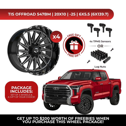 A promotional product graphic for a TIS Offroad 547BM wheel package, showing one large black multi-spoke wheel with silver accents, four smaller wheel views, lug nuts, and TPMS sensors, plus a red pickup truck on a white background with offer text and badge overlays.