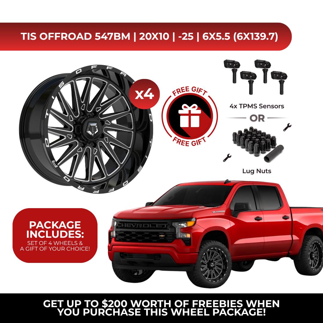 SET OF 4 TIS 547BM 20X10 -25 6x135/6x5.5 Gloss Black Milled Fit Chevy Silverado 1500