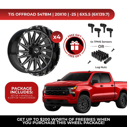 SET OF 4 TIS 547BM 20X10 -25 6x135/6x5.5 Gloss Black Milled Fit Chevy Silverado 1500