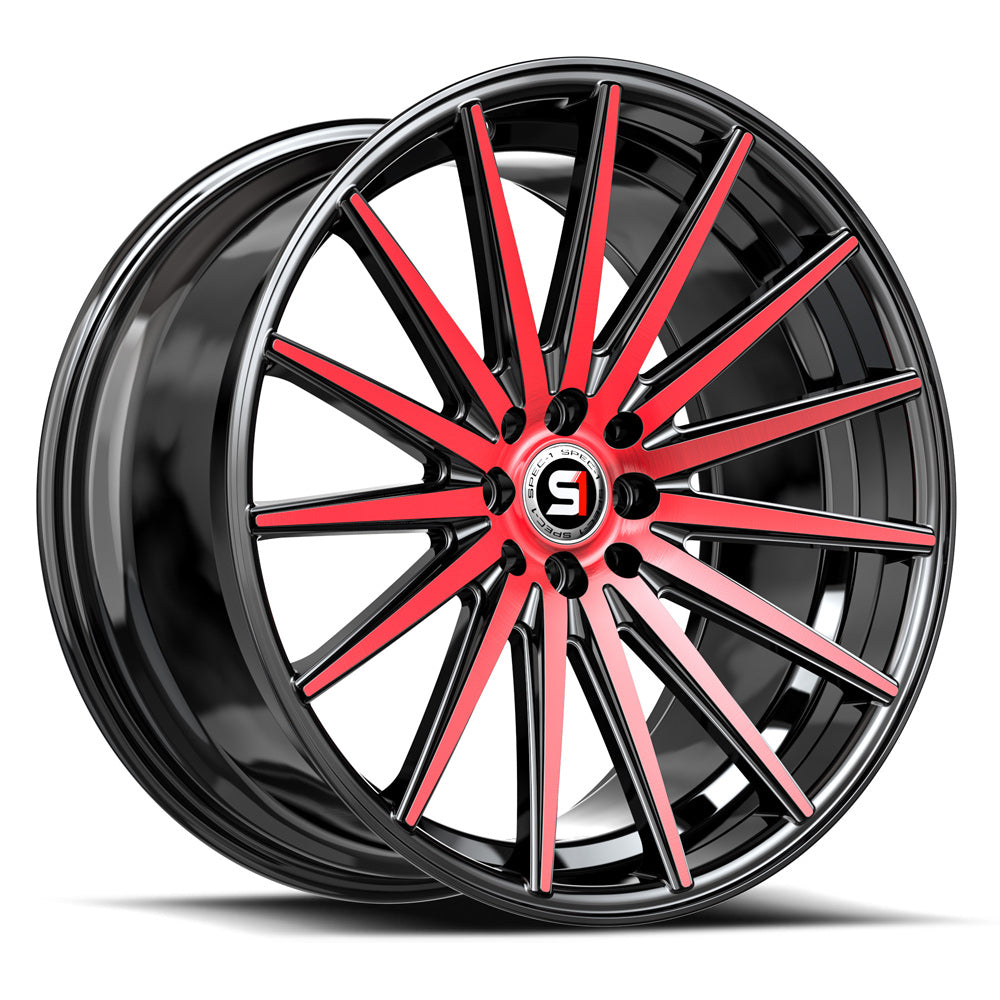 SPEC-1 SP-69 19X8.5 38 5X112/5X114.3 GLOSS BLACK & RED MACHINED