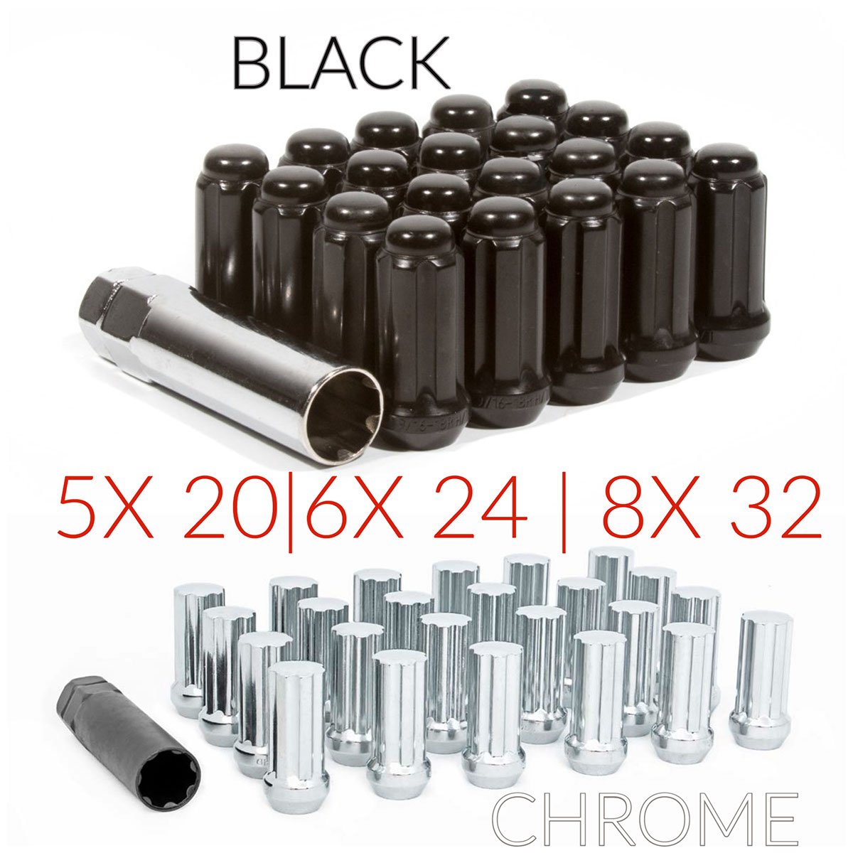 Lugnuts set- 5x 20 | 6x 24 | 8x 32 Black or Chrome (Open) - Tires and Engine Performance