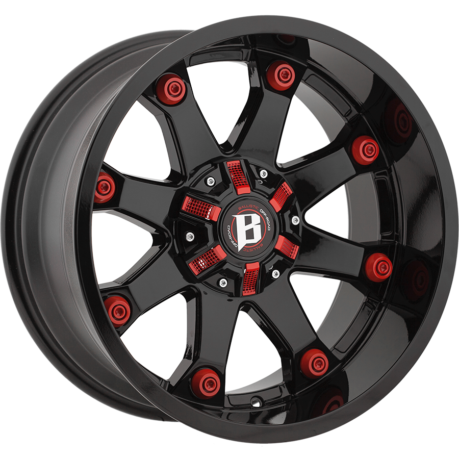 BALLISTIC BEAST 20X10 12X114.3/139.7 OFFSET -24 GLOSS BLACK w/RED ACCENTS - Tires and Engine Performance