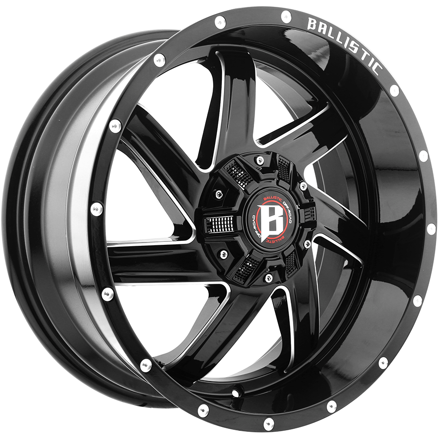 BALLISTIC 961-GUILLOTINE 20X12 12X135/139.7 OFFSET -44 GLOSS BLACK w/MILLED WINDOWS - Tires and Engine Performance