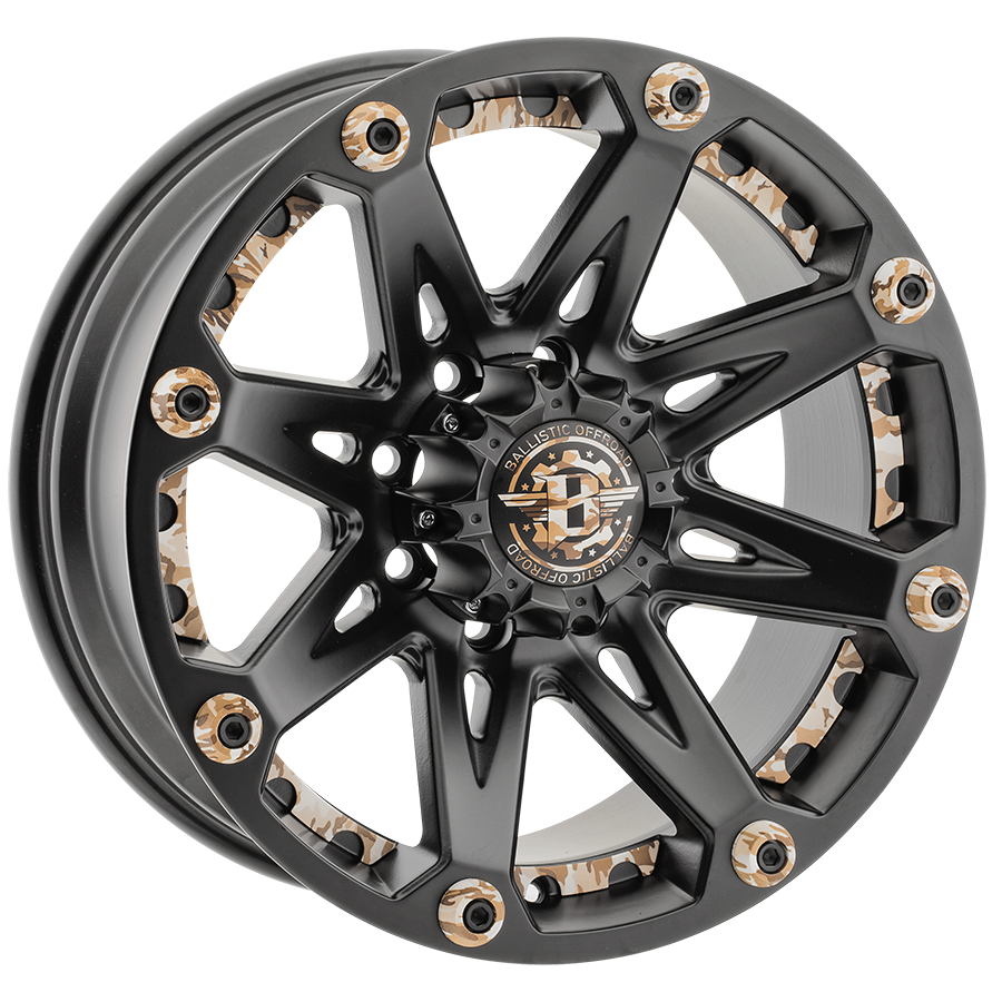 BALLISTIC 814 JESTER  17X9 5X114.3 OFFSET -12 FLAT BLACK w/CAMOFLAGE ACC - Tires and Engine Performance