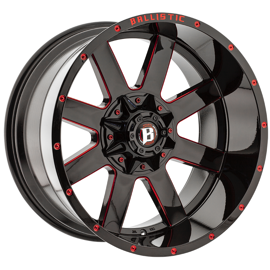 BALLISTIC 959-RAGE 20X12 16X170/180 OFFSET -44 GLOSS BLACK W/RED MILLED WINDOWS - Tires and Engine Performance