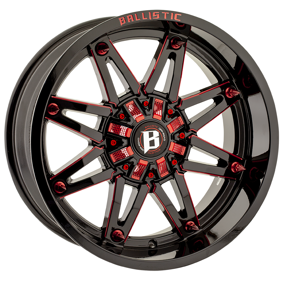 BALLISTIC 963-GLADIATOR 20X10 12X135/139.7 OFFSET +00 GLOSS BLACK W/RED MILLED WINDOWS - Tires and Engine Performance