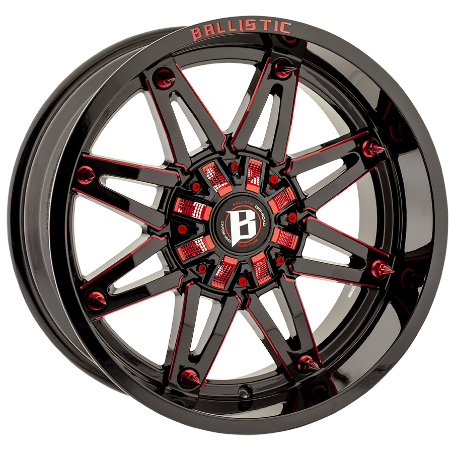 BALLISTIC 963-GLADIATOR 20X10 10X135/139.7 OFFSET -19 GLOSS BLACK W/RED MILLED WINDOWS - Tires and Engine Performance