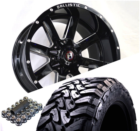 Ballistic 959 20x10 ET-19 8x165.1(8x6.5)/8x170) Gloss Black Milled (Wheel and Tire Package)