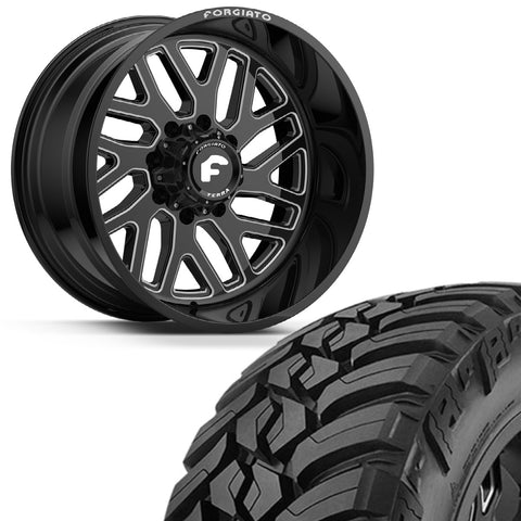FORGIATO FLOW TERRA 004 24x14 6x139.7/6x5.5 -76 OFFROAD BLACK/MILLED | AMP M/T 37x13.50R24 (Wheel and Tire Package)
