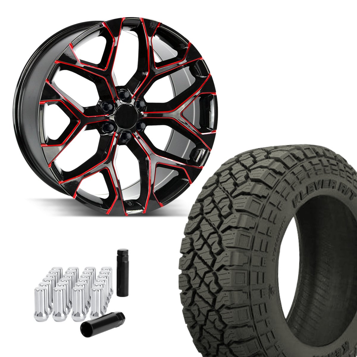 Strada Replica SnowFlake 24x10 +31 6x139.7 (6x5.5) Gloss Black Candy Red | 33x12.50R24 TOYOTA W/LEVELING KIT - Tires and Engine Performance