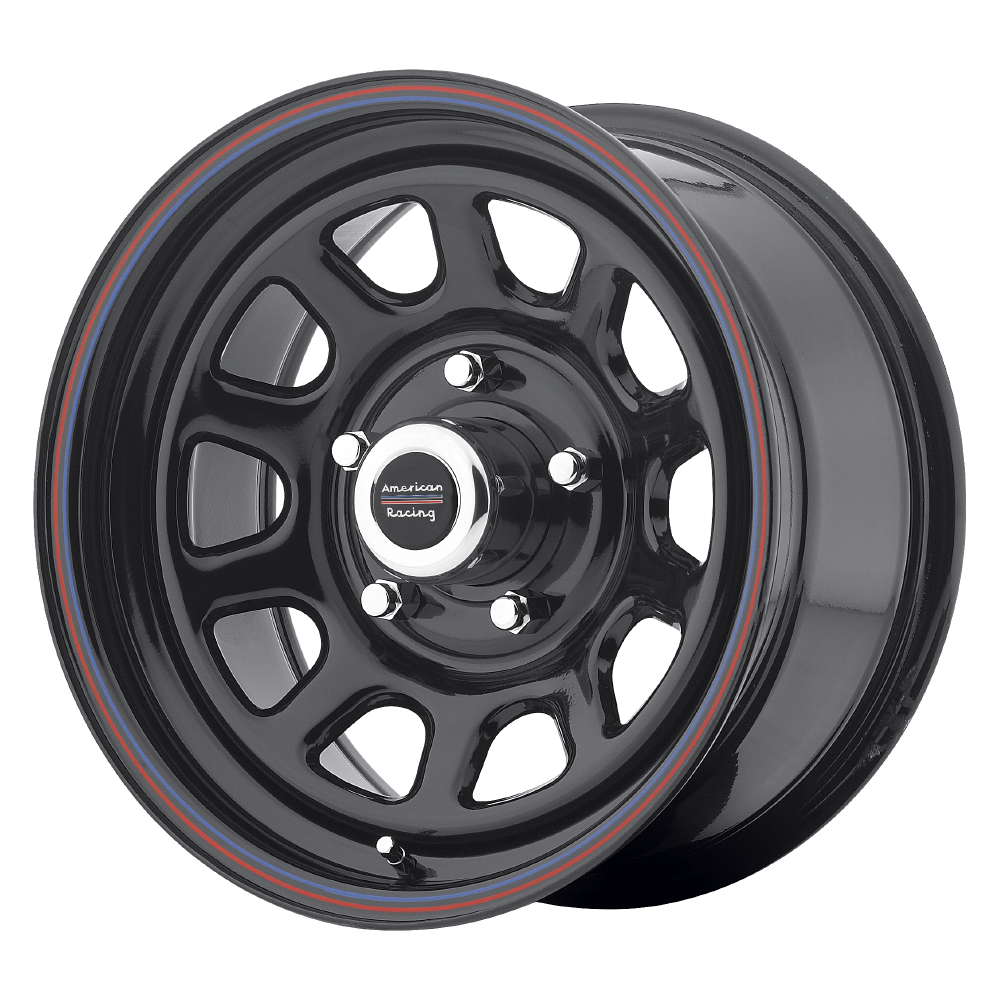 American Racing AR767 15X10 -37 5X120.65/5X4.75 Gloss Black Steel With Red and Blue Stripe