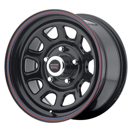 American Racing AR767 15X10 -37 5X120.65/5X4.75 Gloss Black Steel With Red and Blue Stripe